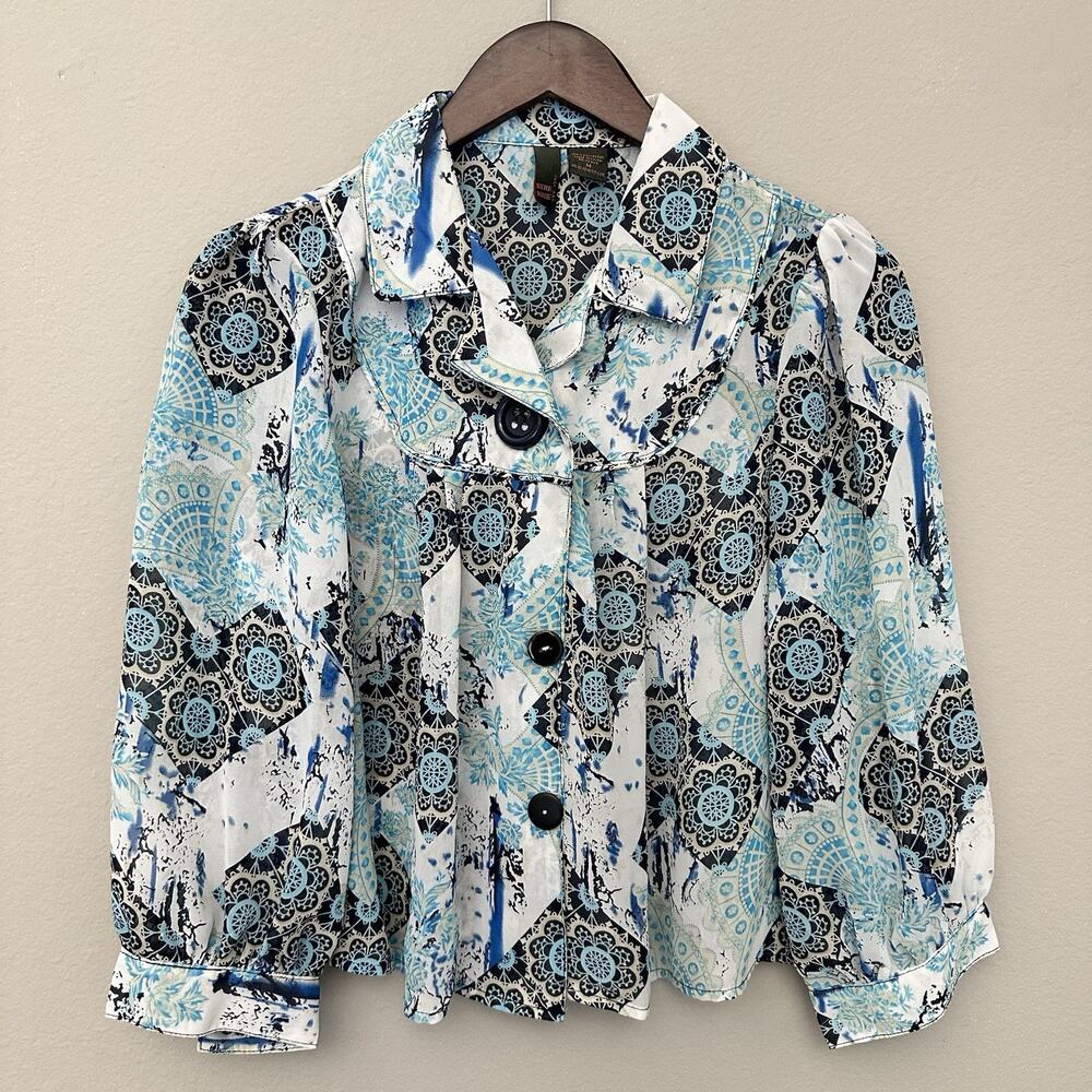 Sere Nade NY Medium Blue Semi-Sheer Button Up Blouse Art to Wear Eclectic Artsy